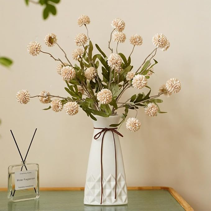 10pcs Faux Beige Kiku Flowers, 5 Heads Each Stem & 4 Branches Eucalyptus Stems, Artificial Small Mini Chrysanthemum Flowers for Aesthetic Room Decor, Floral Arrangements Centerpiece
