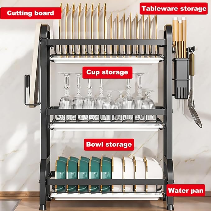 Large Dish Drying Rack Multifunctional 3 Tier Dish Rack with Drain Tray, Dish Drainer for Kitchen Counter with Drainboard/Utensil/Cup Holder Rust Proof Carbon Steel