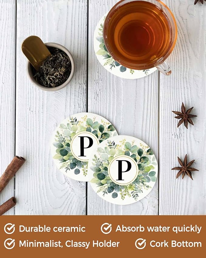 Coasters Set of 6 Letter P Drink Coasters with Holder Absorbent Stone Ceramic Cup Mat Alphabet Green Eucalyptus Leaves Coaster for Drinks Coffee Bar Office Kitchen Cafe Home Decor