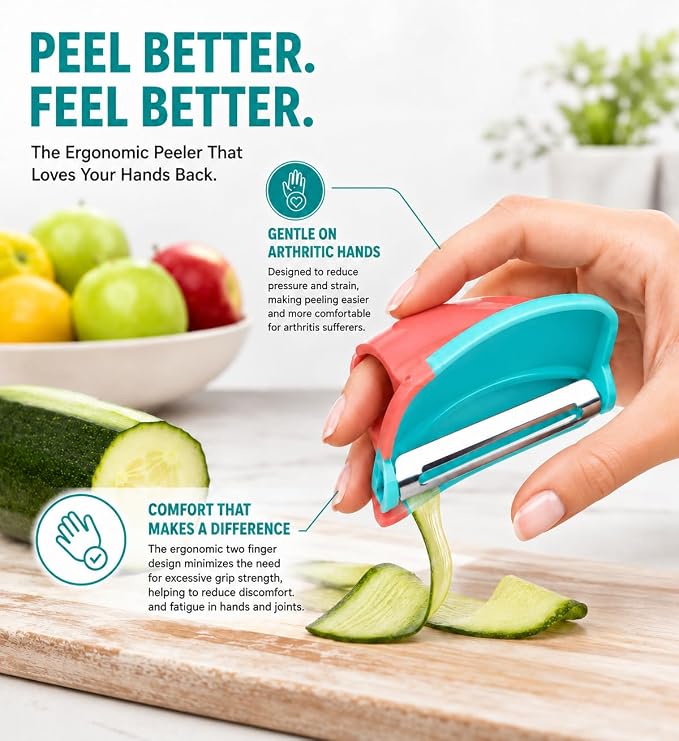 2 Finger Vegetable Peeler Easy Grip Safe Ergonomic Fruit & Potato Peeler for Arthritis Hands, Non Slip Kitchen Gadget for Carrots, Apples & Cucumbers with Stainless Steel Blade (Pink & Turquoise)