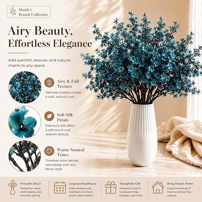 Mandy's Teal Artificial Baby’s Breath Flowers 15 Bundles Silk Gypsophila, 18.5 Inch European Style Modern Home Decor Centerpiece, Neutral Wedding Flower Arrangements
