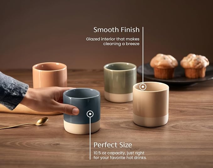 KooK Latte Cups, Ceramic Artisanal Stoneware, No Handle, Japanese Tea Cups, For Coffee, Tea, Cocoa, Microwave and Dishwasher Safe, Multicolor, 10.5 oz, Set of 4