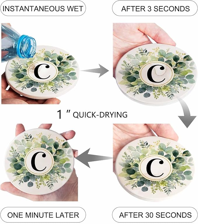 Coasters Set of 6 Letter C Drink Coasters with Holder Absorbent Stone Ceramic Cup Mat Alphabet Green Eucalyptus Leaves Coaster for Drinks Coffee Bar Office Kitchen Cafe Home Decor