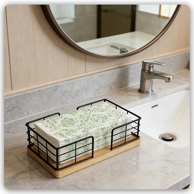 Kordory Wooden Guest Towel Holder Tray for Bathroom, Black Bamboo Counter Rectangular Bathroom Napkin Holder for Ktichen, Disposable Hand Towel Holder Tray for Home, Bar, Hotel, Office(Natural Wood)