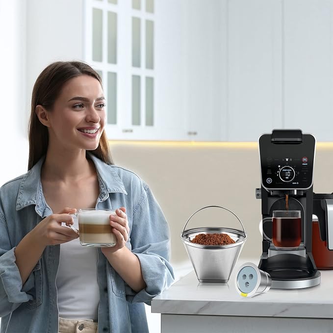 Stainless Steel Reusable Coffee Filter Compatible with Coffee Maker, Reusable Coffee Pods with 4 Cone Coffee Filters, Reusable Coffee Filters for Ninja CFP201 CFP300 CFP307