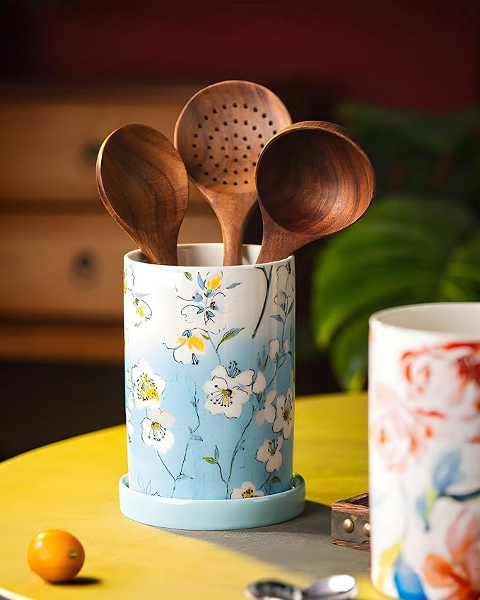 Utensil Holder for Kitchen Counter, Large Ceramic Utensil Holder Crock with Drain Tray, Hand-Painted Floral Rustic Farmhouse Kitchen Crock, Perfect for Women, Christmas, Hostess Gifts & Fall Decor