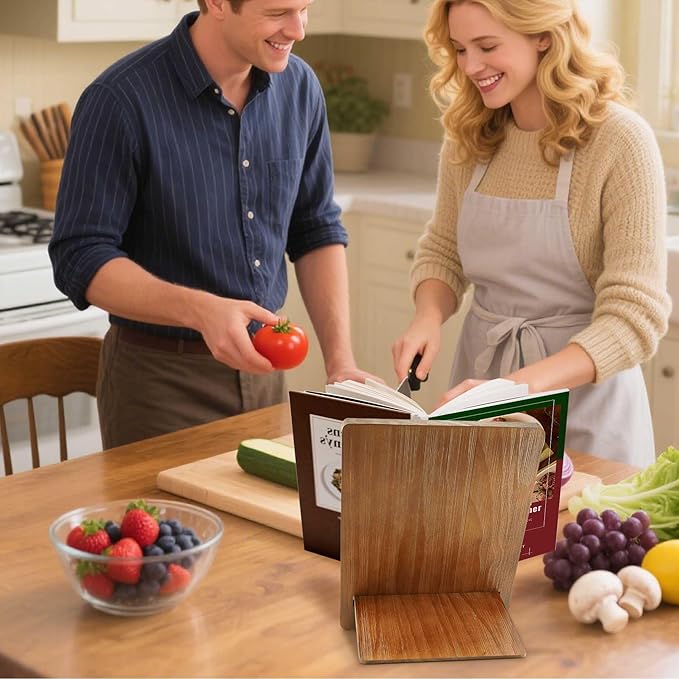 Cookbook Stand Recipe Book Holder: Recipe Cook Book Stand for Kitchen Counter, Wooden Adjustable iPad Tablet Cookbook Stand - Wood Cutting Board Style - Brown