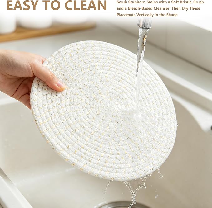 Round Woven Placemats Set of 6, 13.4 Inches Cotton Round Placemats, Heat Resistant Washable Table Mats for Indoor & Outdoor Dining Table Decor
