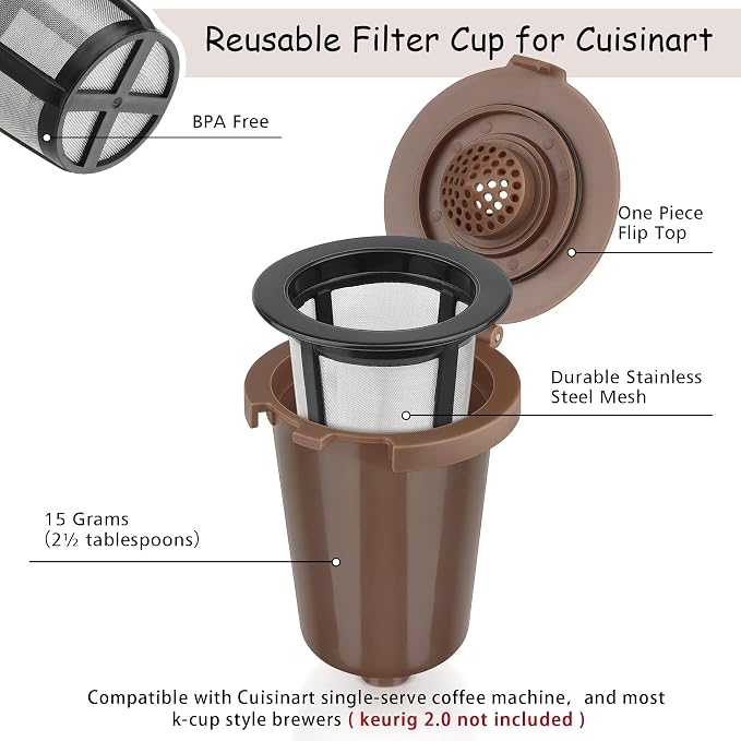 Newly upgraded Reusable Filter Cup for Cuisinart, Compatible with Cuisinart #SS-RFC HomeBarista Reusable Filter Cup, Brown (2 Pack)