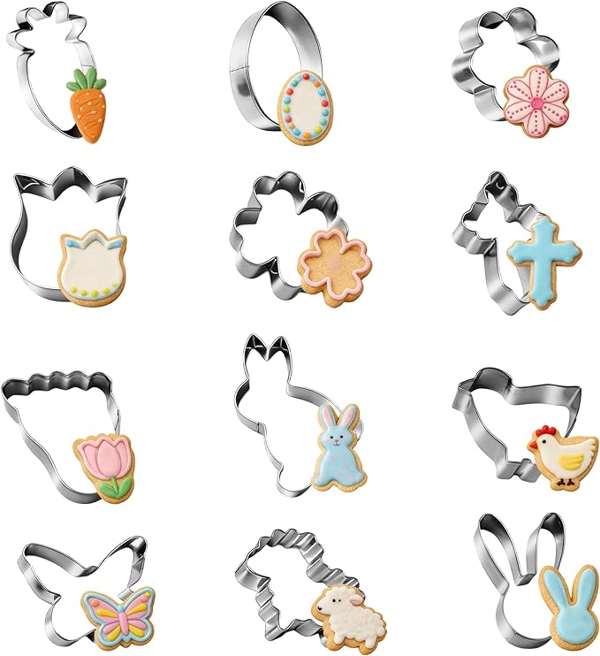 Easter Cookie Cutter Set, 12 PCS Easter Cookie Cutters for Baking, Stainless Steel Spring Cookie Molds - Rabbit, Egg, Chick, Butterfly, Carrot