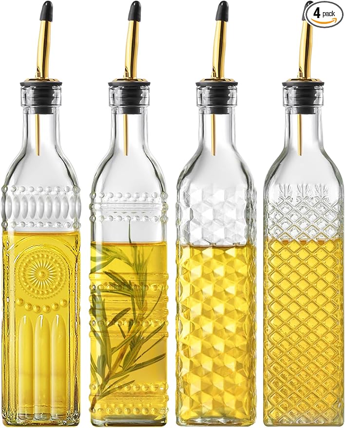 4 Pcs Olive Oil Dispenser Bottle for Kitchen, 17oz Clear Glass Oil and Vinegar Dispenser Bottle Set with 4 Stainless Steel Spouts and 1 Funnel (Square)