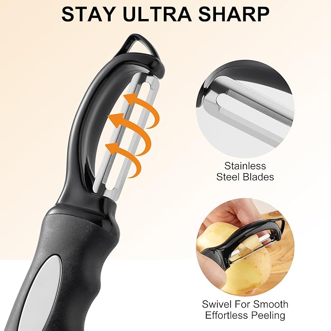 Premium Swivel Vegetable Peeler, Soft Grip Handle and Ultra Sharp Stainless Steel Blades - Perfect Kitchen Peeler For Veggie, Fruit, Potato, Carrot, Apple - Black