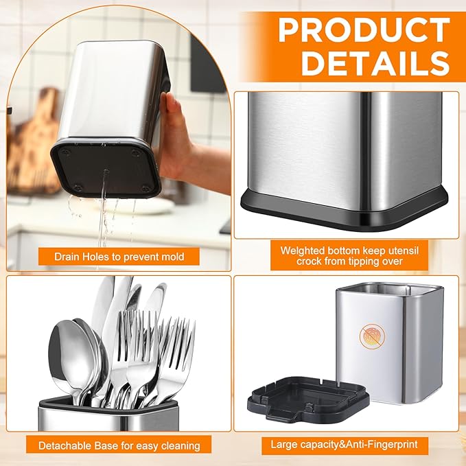 MorningRo 2 Pcs Kitchen Utensil Holder for Countertop Stainless Steel Utensil Caddy, Spoon Spatula Organizers with Drainage Holes Small Flatware Utensil Crock for Kitchen Counter, Silver(Square)