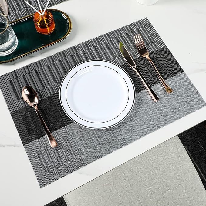 Placemats, Washable PVC Table Mats, Woven Vinyl Placemat for Dining Table Place Mats Set (6 Placemats and 1 Table Runner, Black and Grey)