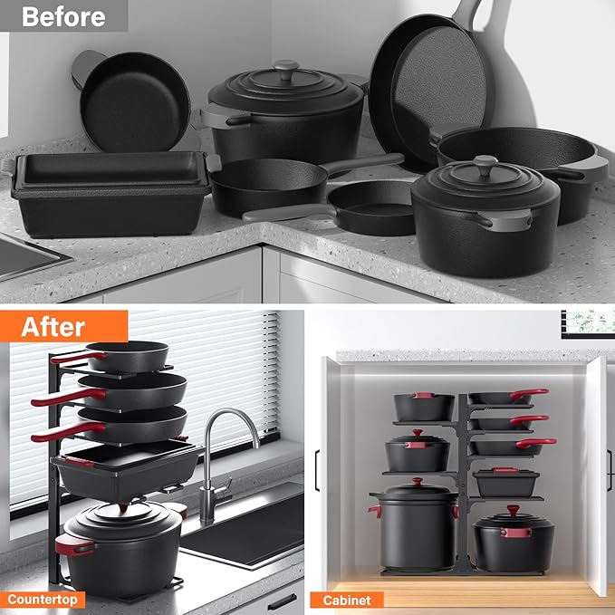 MUDEELA Pots and Pans Organizer under Cabinet 20.8" Height, Heavy Duty Adjustable Pot Pan Organizers inside Cabinet, 8-Tier Kitchen Cabinet Organizers and Storage for Big Stockpots, Heavy Cookware
