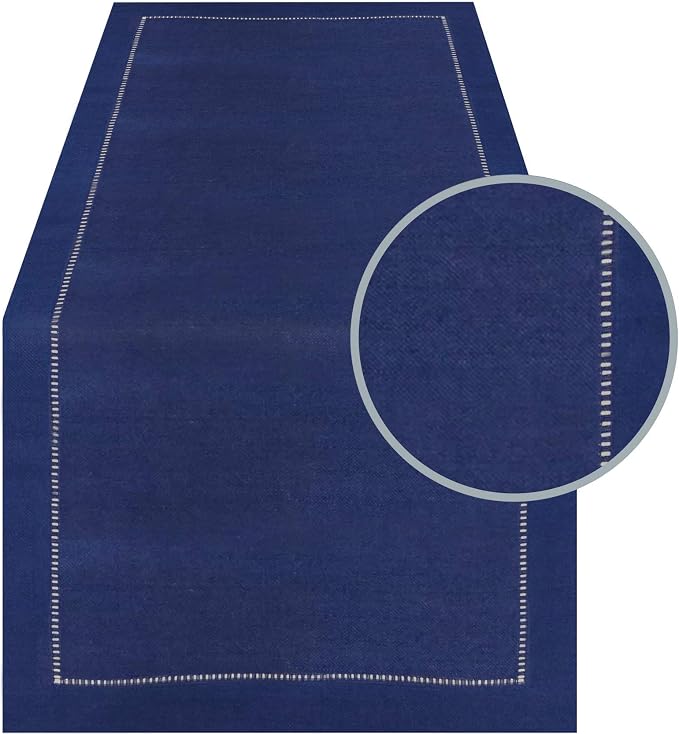 SARO LIFESTYLE Hemstitched Border Table Runner, Navy Blue, 16"x90"