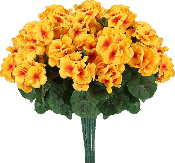 Hananona 12 Pcs Artificial Geranium Flowers for Outdoors Geranium Silk Flowers Outdoor UV Resistant Garden Plants Faux Flowers for Home Kitchen Table Centerpieces Decor (12, Yellow)