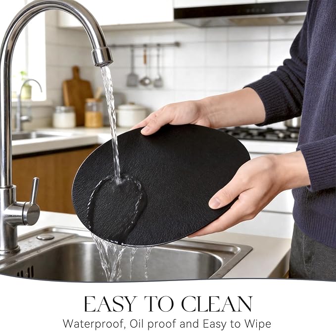 MOSAYT 13 Inch Round Vinyl Placemats Set of 4 - Faux Leather 100% Waterproof Oil-Proof Wipeable PU Place Mats, Heat Resistant Reversible Table Mats for Kitchen, Dining, Outdoor, Black