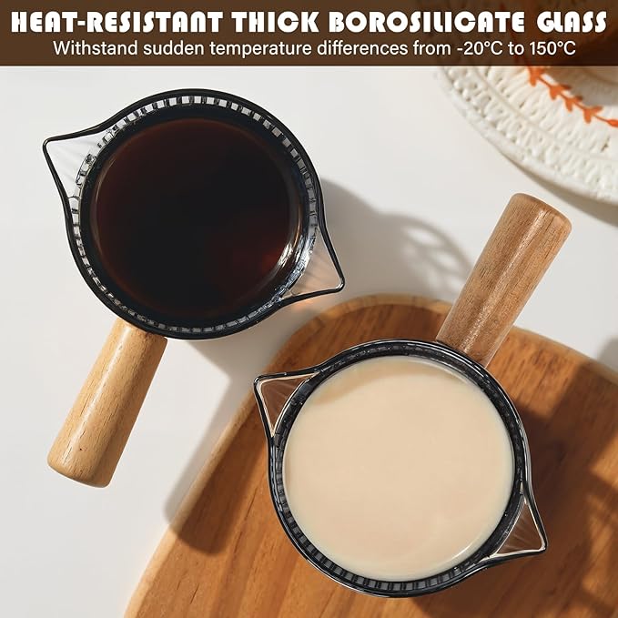 2 Pcs Double Spouts Measuring Espresso Cups Shot Glasses with Wood Handle 4 oz Dual Scale V-shaped Mouth Measuring Glasses Demitasse Cups Ribbed Milk Frothing Pitcher for Coffee Bar