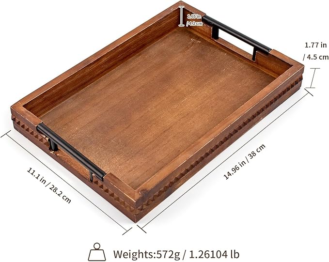 Wooden Set of 2 Serving Trays with Metal Handles Vintage Ottoman Tray 15 X 11 Wooden Retro Decorative Trays with Geometric Beads for Dinner & Home Decor (2paxk)