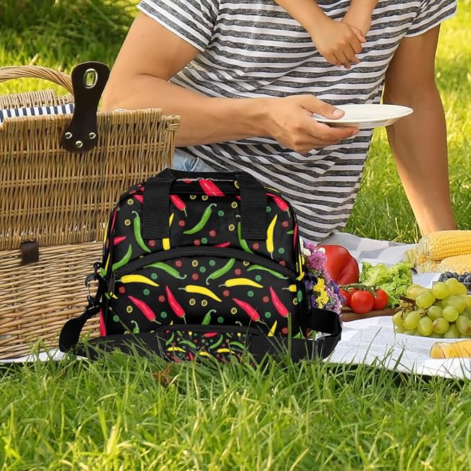 Colurful Chili Insulated Lunch Bag for Women Men Reusable Lunch Box Cooler Bag Large Leakproof Lunch Tote with Adjustable Shoulder Strap for Adult Work Picnic Camping Beach Office