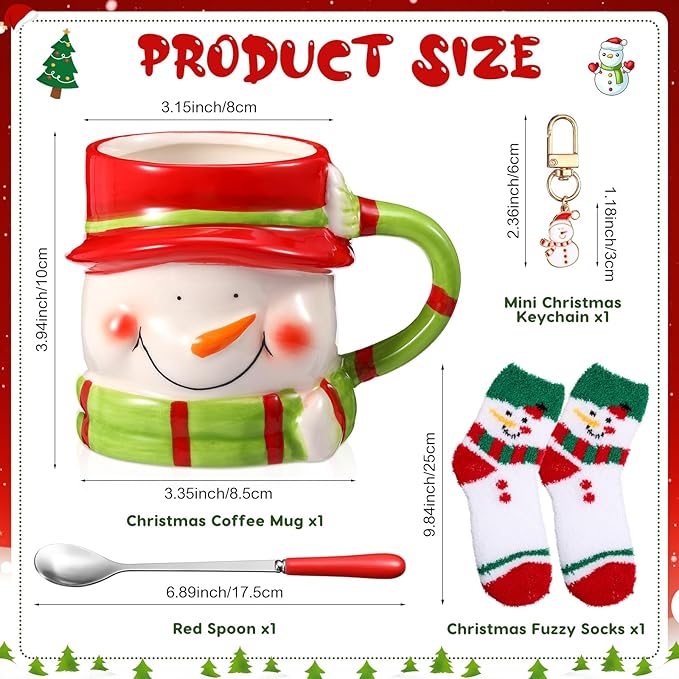Sliner 4 Pcs Snowman Mug Gifts Set Include Christmas Coffee Mugs 17 oz with Red Spoons Funny Winter Fuzzy Socks Mini Snowman Keychains Hot Chocolate Cup for Women Men Xmas Holiday Birthday Gifts