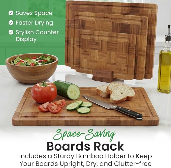 Pack of 3 Pre-Oiled Bamboo Cutting Board Set with holder | Extra Thick End Grain Bamboo Wooden Cutting Board for kitchen with Deep Juice Grooves | Non Toxic Chopping Board Set with Build-in Handles