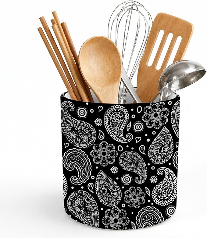 Paisley Ceramic Utensil Holder for Kitchen Counter, 5.12" Vintage Paisley Kitchen Organizer, Black Counter Decor & Accessories, Decorative Utensil Crock for Spatulas, Spoons & Cooking Tools