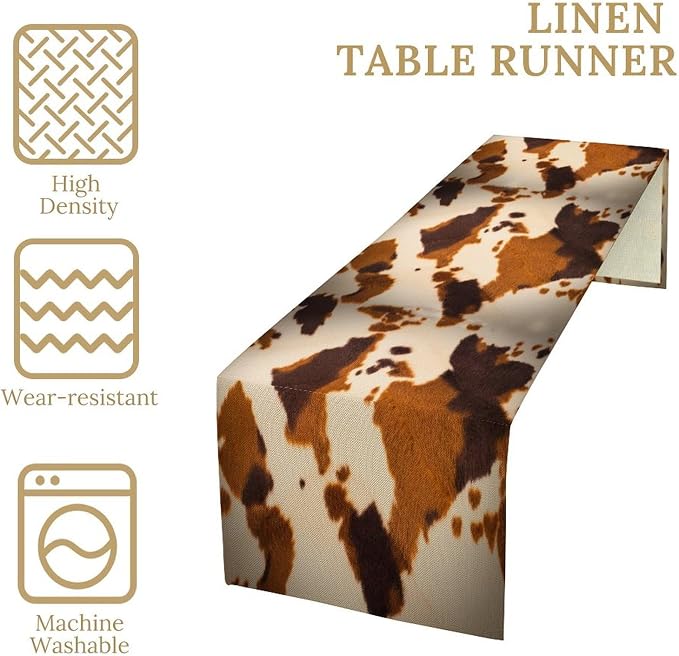 Cow Print Table Runner, Cotton Linen Rustic Cottage Country Farm Animal Fur Skin Pattern Western Style Black Brown Cowhide Print Dinner Runner for Home Kitchen Dining Table Decoration 13x108 Inch