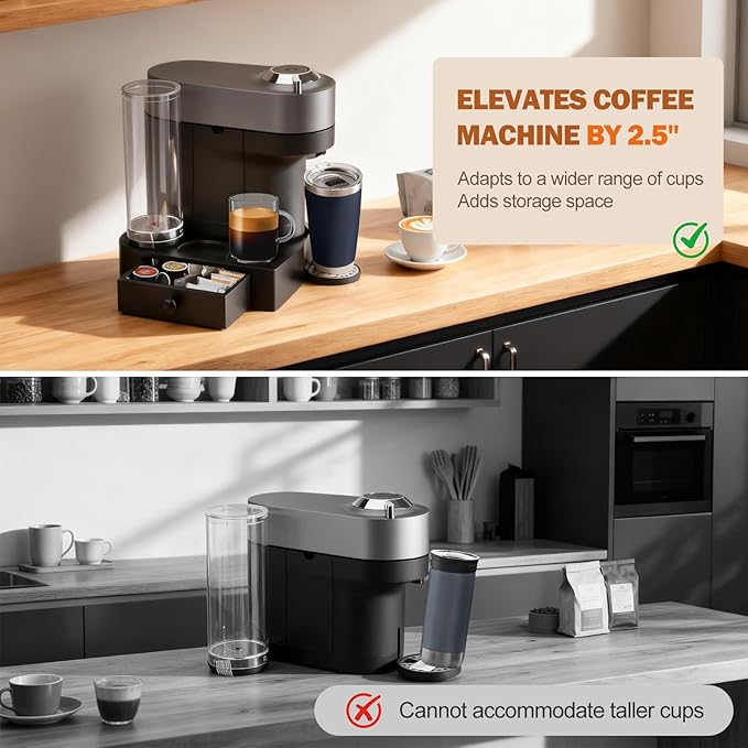 Riser Stand for Nespresso Vertuo Pop+, with Coffee Pod Drawers Organizer - Elevated Base Fits Tall Mugs (Up to 7.48" H), Coffee Station for YETI Rambler & Stanley 20oz Cups - For Pop+ ONLY (Not Pop)