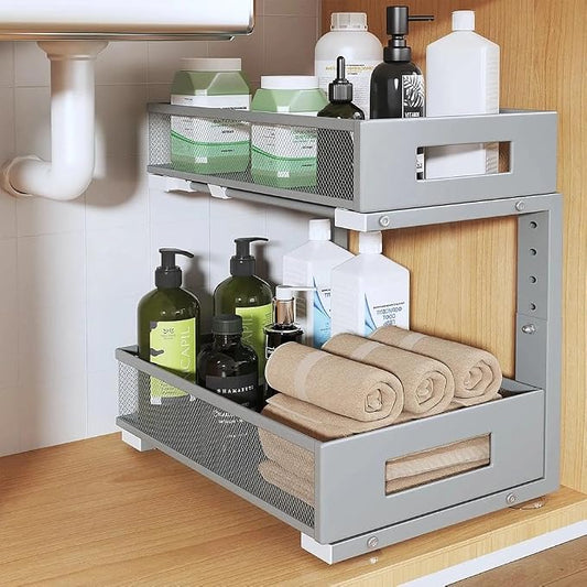 Under Sink Organizer, 2-Tier Dual Pull Out Cabinet Organizer Drawers With Smooth Circular Rail,Large Capacity Metal Mesh Sliding Shelves For Bathroom& Kitchen Storage,Height Adjustable–Gun Gray,1 Pack