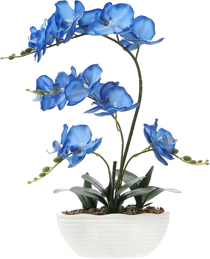 19" H Phalaenopsis Faux Orchid Plant Silk Orchid Centerpiece Artificial Floral Arrangement in Ceramic Pot (Blue)