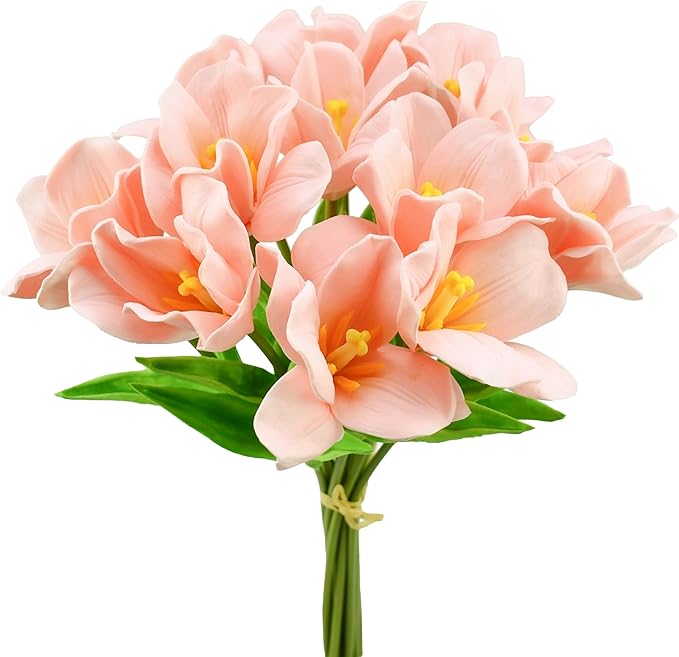 Mandy's Pink Fully Bloomed Artificial Tulips Flowers Centerpiece, 13.5" Lifelike PU Fake Floral Stems 12pcs for Kitchen Island & Dining Table, Spring Decor for Easter