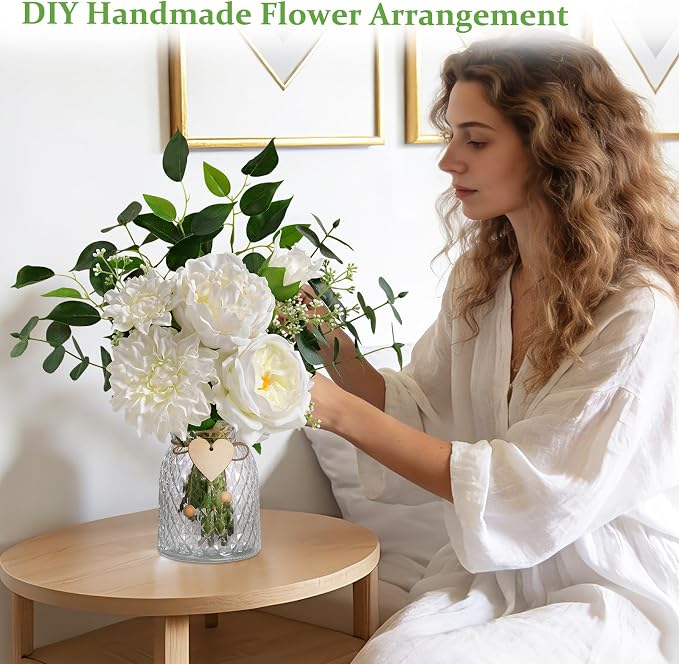 Livole Fake Flowers with Vase, White Real Touch Silk Artificial Flowers in Vase, Fake Plant Eucalyptus Flower Arrangement for Table Centerpieces, Table Decorations for Living Room, Coffee Table, Home