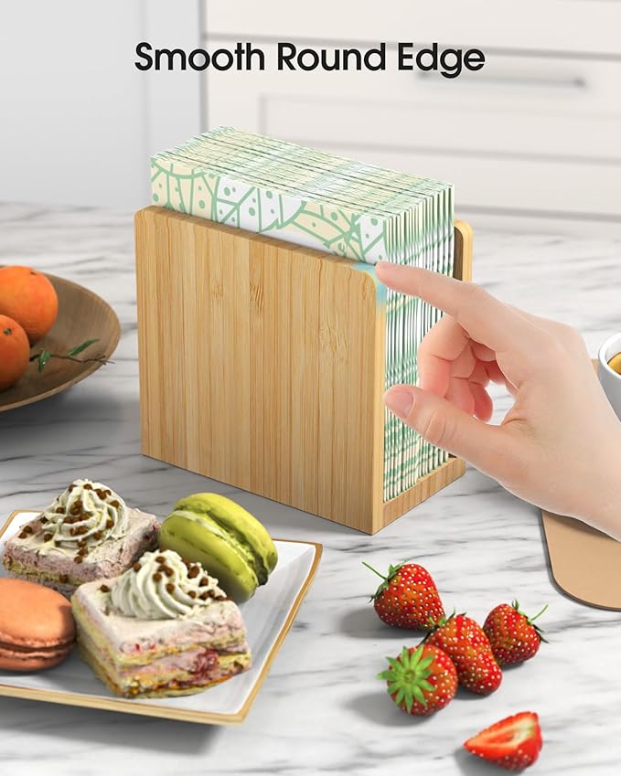 MaxGear Bamboo Napkin Holder for Tables, Wooden Freestanding Tabletop Tissue Dispenser for Kitchen, Dining Room, Party, Outdoor, Holds 5.5x5.5 or Larger Napkins for Home, Restaurant, Hotel, 1 Pack