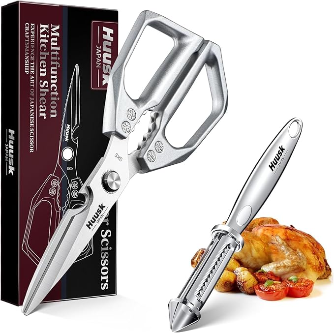 Huusk Kitchen Scissors and Potato Peelers Set, Multifunction Japanese Vegetable Peeler for Kitchen, Stainless Steel Cooking Shears with Fruit Peeler for Carrot, Veggie, Gifts for Women