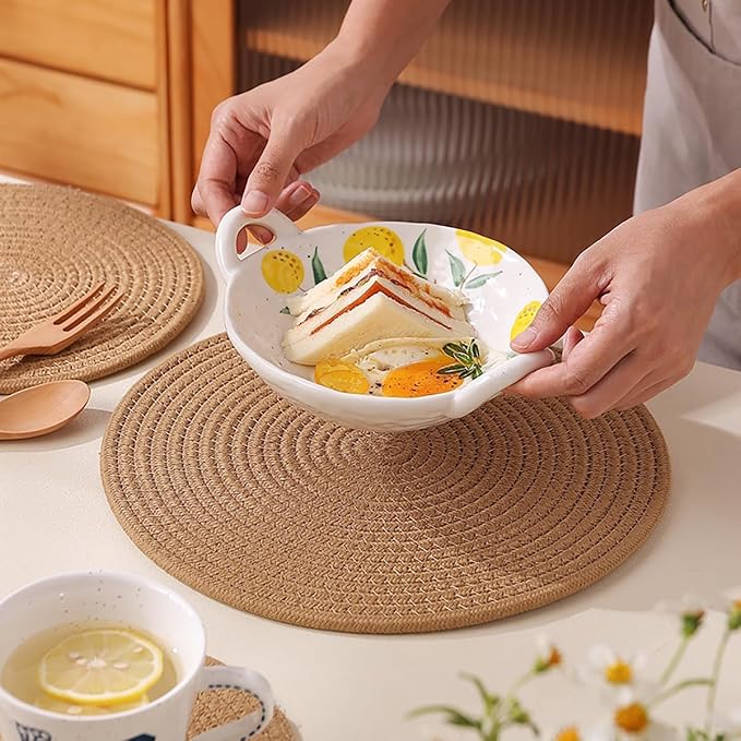 6 Pack Jute Woven Placemats, 13.8 inches Braided Charger Plates Round Rattan Placemats Vintage Tablemats Wicker Tablemats Boho Heat Resistant Mats for Weddings Indoor & Outdoor Party