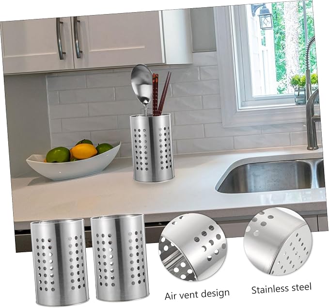2Pcs Stainless Steel Utensil Draining Storage Container Modern Kitchen Organizer for Forks Knives and Chopsticks Compact Design Easy Drainage for Home