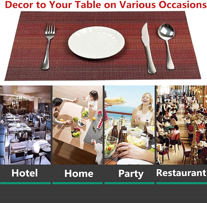 Placemats, Washable PVC Table Mats, Woven Vinyl Placemat for Dining Table Place Mats Set (6 placemats and 1 Table Runner, Wine Red)