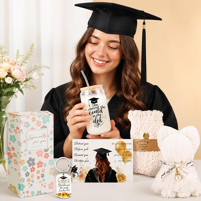Graduation Gift for Her 2026 - 16oz Glass Cups with Lids and Straws, Coffee Mug Gift Set for Women, College Graduate Gift Box, Master Degree Doctorate Nursing PHD, Congrats Class of 2026 (White 3)