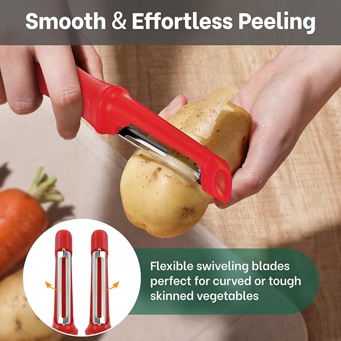Beneno Swivel Vegetable Peeler, Razor-Sharp Smooth Peeling Potato Peelers with Stainless Steel Blades, Ergonomic Comfort Non-Slip Rubber Handle, Kitchen Peelers with Potato Eye Remover (2, Red)