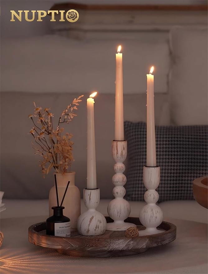 NUPTIO Taper Candle Holders Decor: Set of 3 Wooden Candlestick Holders Mantel Decor - Boho Farmhouse Rustic White