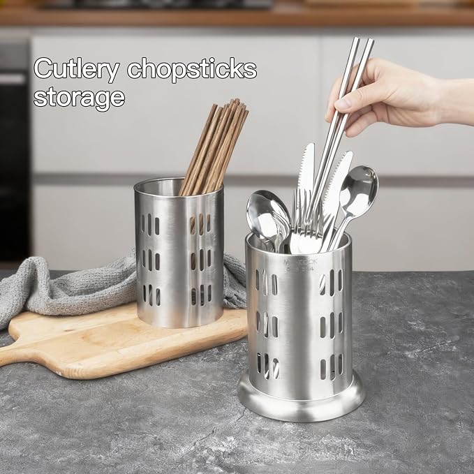 Stainless Steel Chopstick Holder, 18/8 Stainless Steel Utensil Holder for Countertop, Round Drain Holes