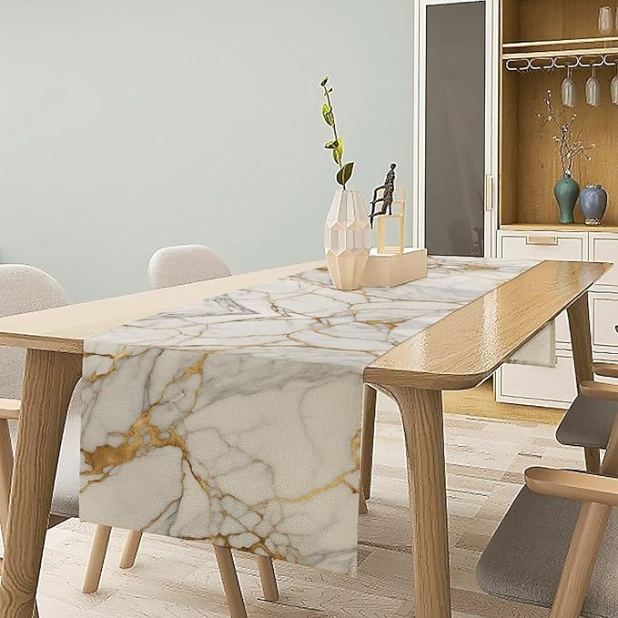 Marble Table Runner, Abstract White and Gold Modern Luxury Texture Printed Linen Table Runners for Living Room Kitchen Dining Room Party Holiday Home Decor 13" W x 60" L
