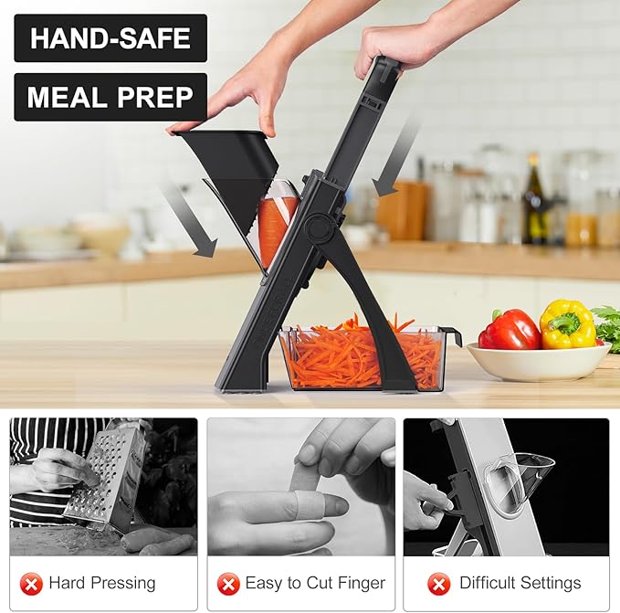 [All in 1] Upgraded Version Safe Mandoline Slicer for Kitchen, Adjustable Thickness. Veggie Slicer, Rapid Prep Mandoline, Detachable Blade, Cleaning Brush/Paring Knife (Black Knight)