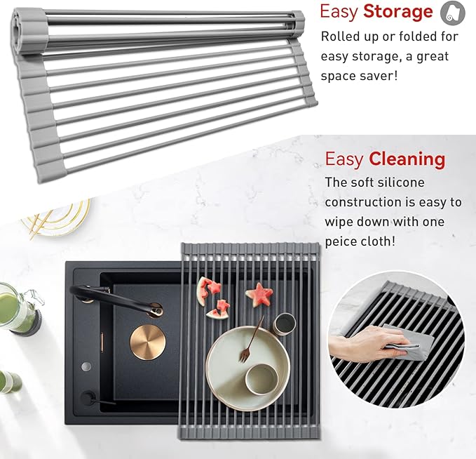 MERRYBOX Roll Up Dish Drying Rack, Over The Sink Dish Rack Foldable, Heat-Resistant, Anti-Slip Silicone Coated Dish Drainer for Kitchen Counter, Large & Multipurpose Sink Drying Rack, 20.5" x 13.1"