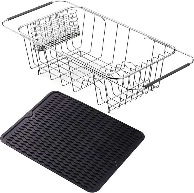 NiuYichee Stainless Steel Dish Drying Rack(15"L x 8.3"W x 4.2"D), Expandable Fruit & Vegetable Drain Rack over Sink, Dish Drainer Rack in Sink, with Stainless Steel Utensil Holder & 16" Silicone Mat