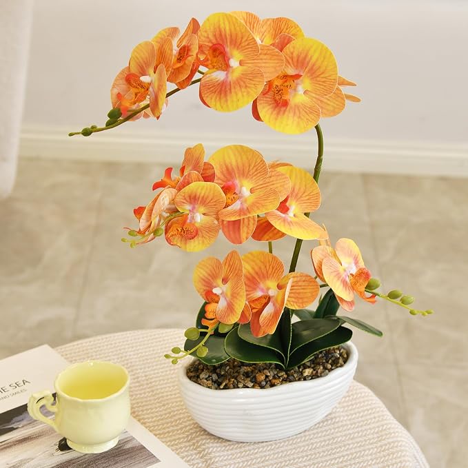 19" H Phalaenopsis Faux Orchid Plant Silk Orchid Centerpiece Artificial Floral Arrangement in Ceramic Pot (Orange)