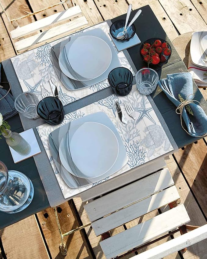 Blue Grey Coastal Placemats Set of 6, Woven Placemat Washable Wipeable Table Placemat with Pocket, Holiday Cloth Table Mat for Party Kichen Dinner Sea Turtle Nautical Coral Summer Beach