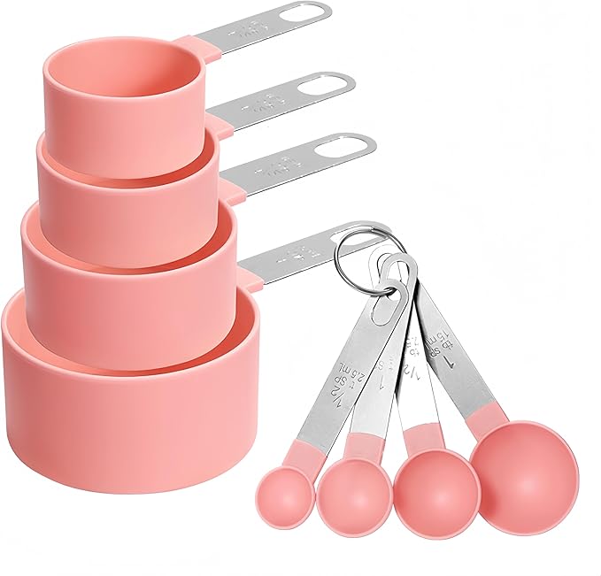 8 Pcs Measuring Cups and Spoons Set, Includes 4 Stainless Steel Nesting Measuring Cups & 4 Mini Measuring Spoons,Stackable Handle Accurate Tablespoon for Measuring Dry and Liquid Ingredients(Pink)